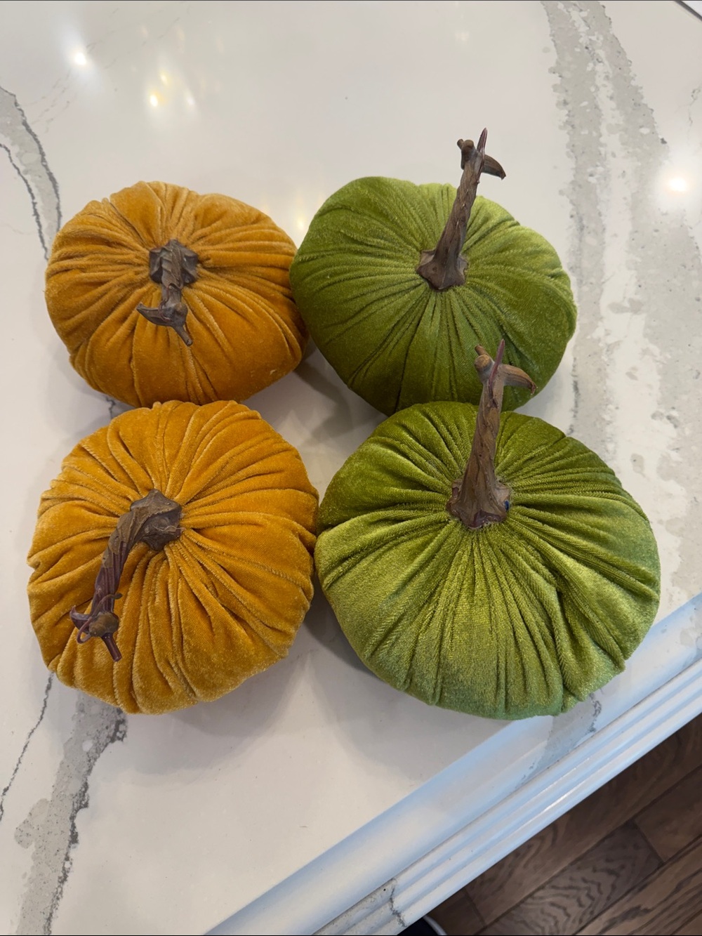 Plush Velvet Holiday Pumpkins - Green & Mustard